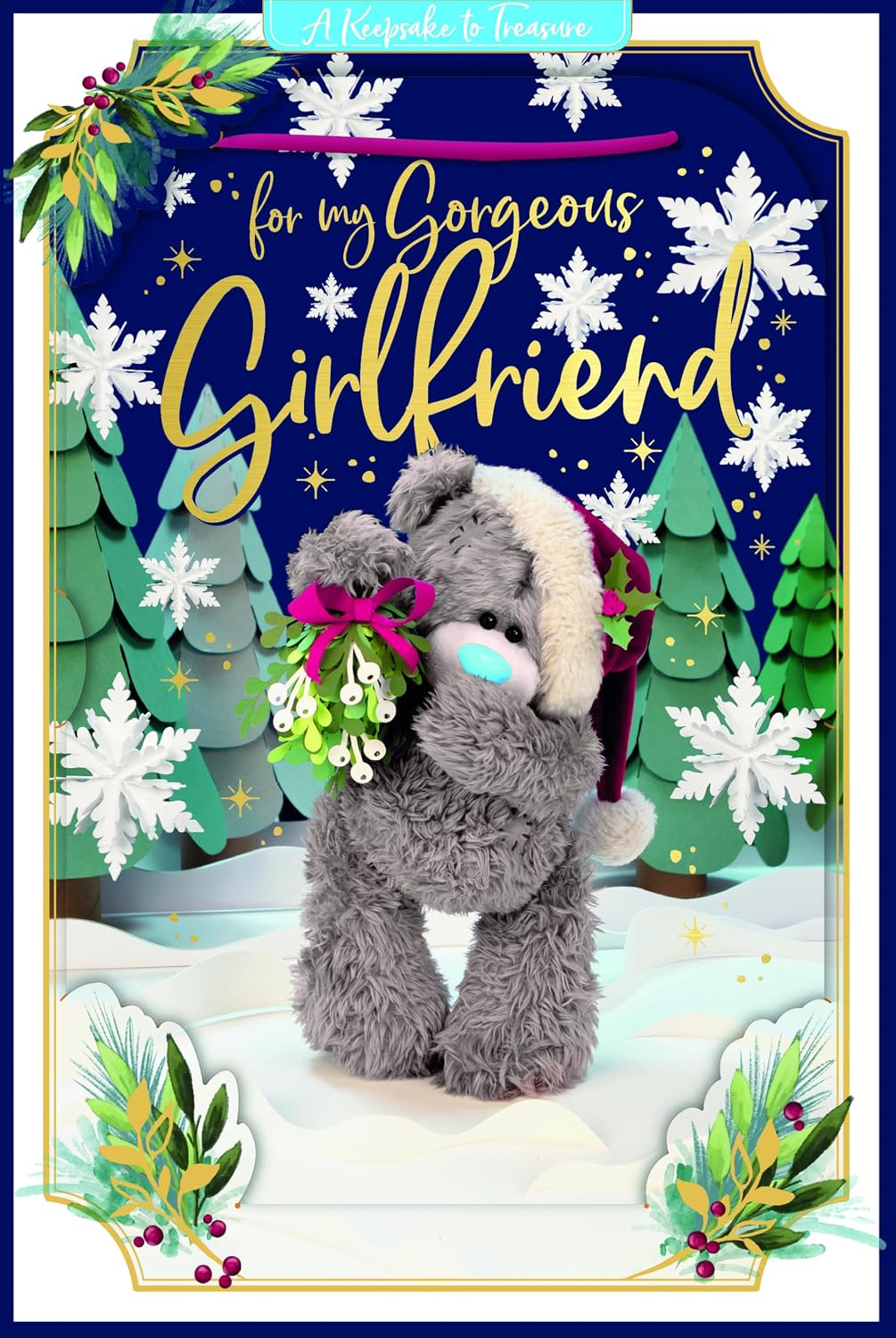 Bear Holding Mistletoe Gorgeous Girlfriend 3D Christmas Keepsake Card