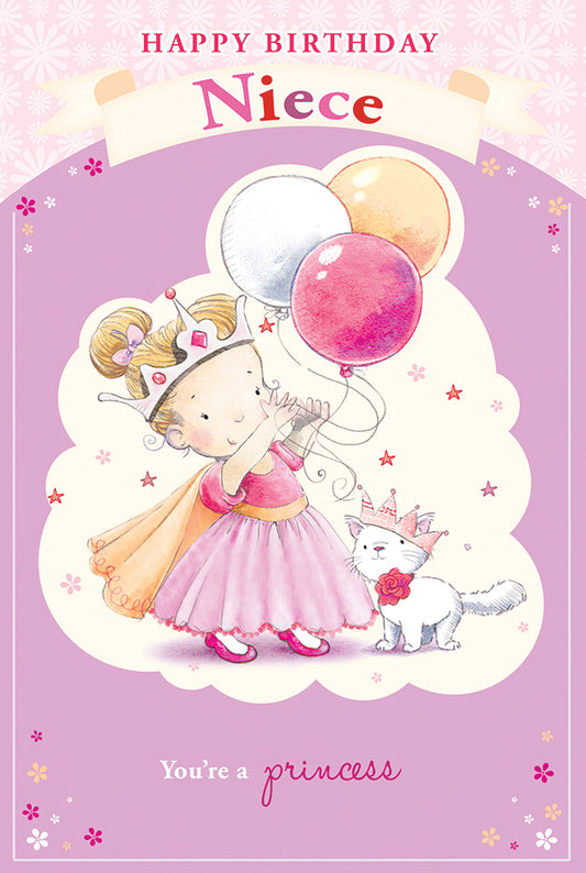Little Girl Dressed Up As Princess, Cat & Balloons Niece Birthday Card