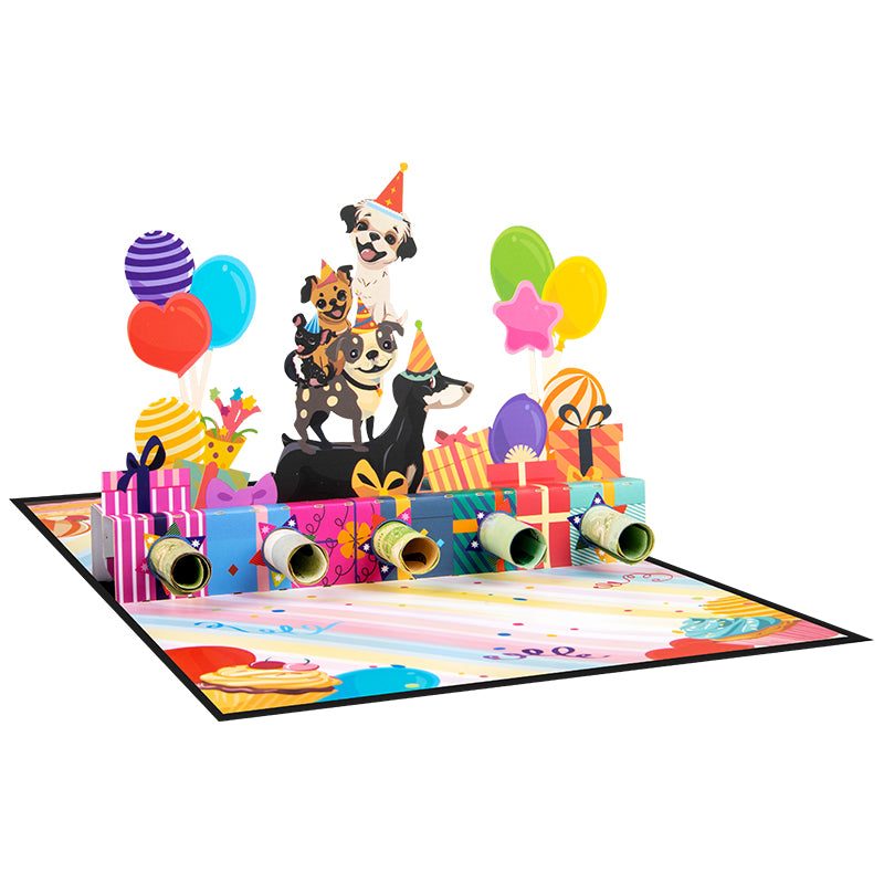 Puppy Party 3D Pop Up Birthday Card with Hidden Gift Card Slot