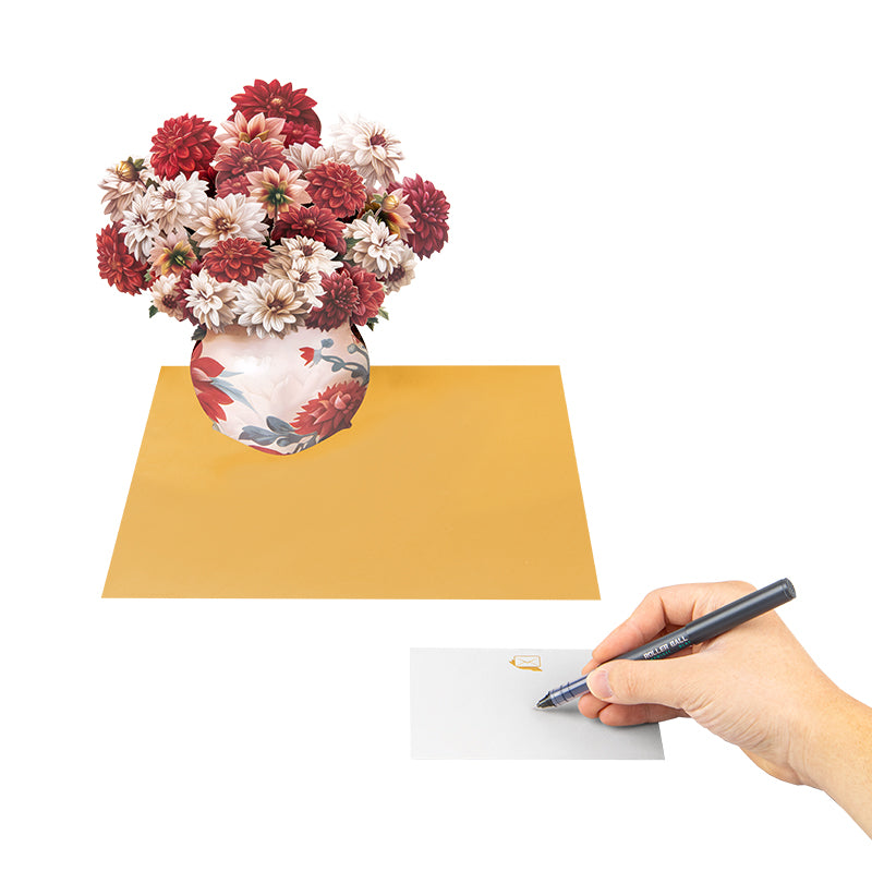 Crimson & Cream Dahlia Elegance 3D Pop Up Vase Greeting Card - Birthday Anniversary Mother's Valentine's Day