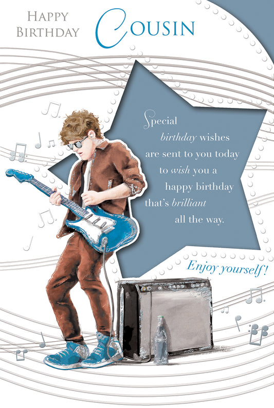 Happy Birthday Cousin Rockstar Design Male Celebrity Style Card