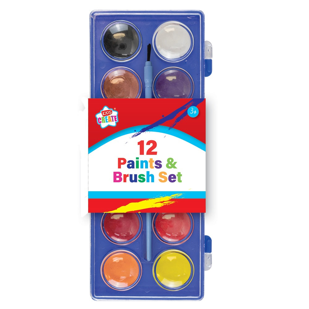 Pack of 12 Watercolour Paints & Brush