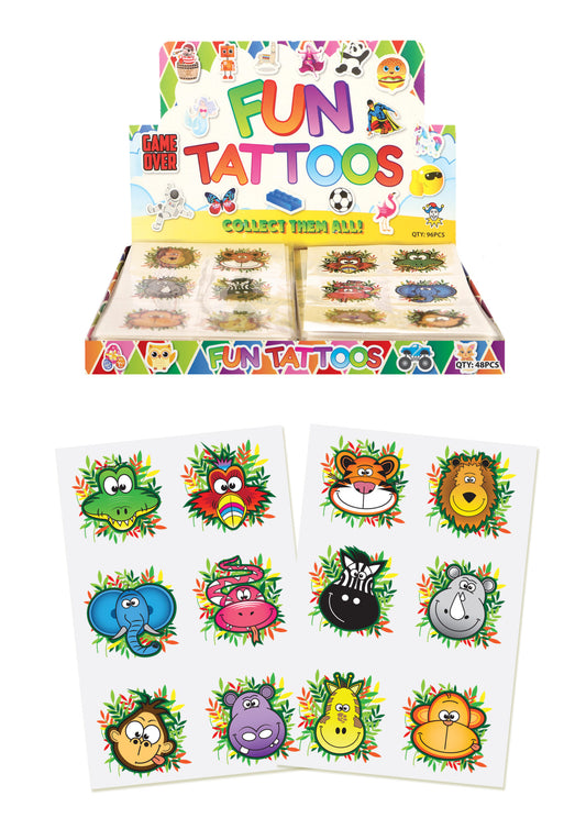 Pack of 12 Assorted Design 4cm Mini Jungle Temporary Tattoos