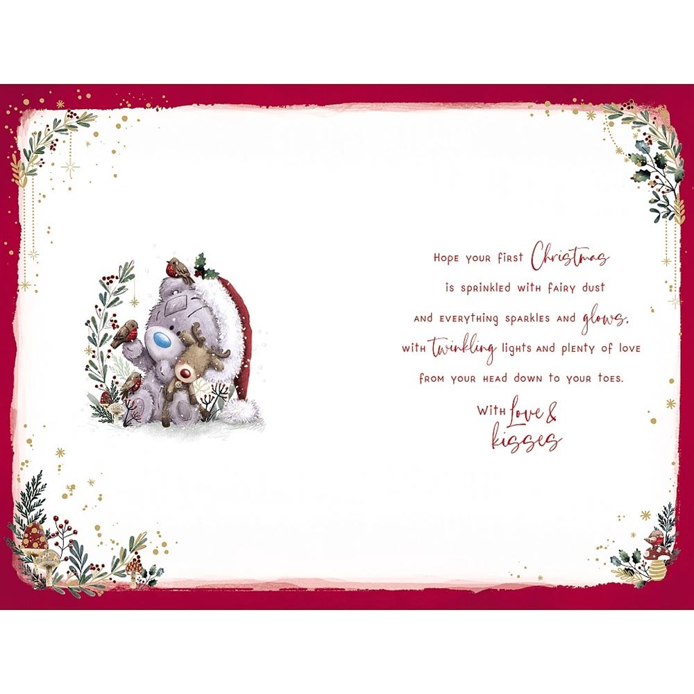 Bear And Pink Stocking Baby Girl's First Christmas Card