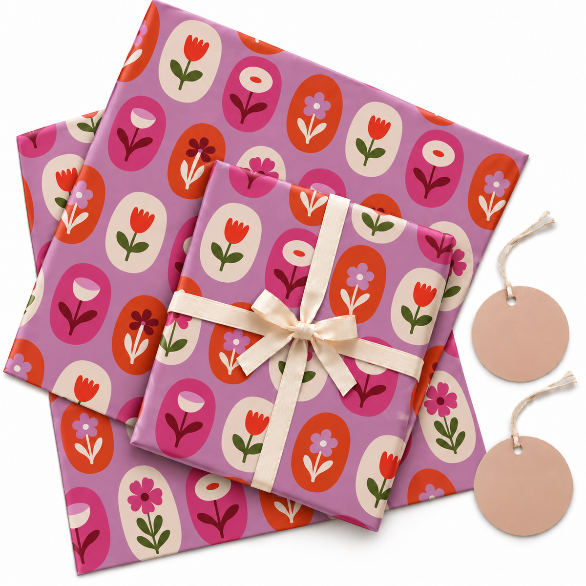Pack of 2 Spring Tulips Design 50 x 70 cm Gift Wrap Sheets with 2 Tags - Valentine’s Mother's Day Birthdays Everyday Celebrations