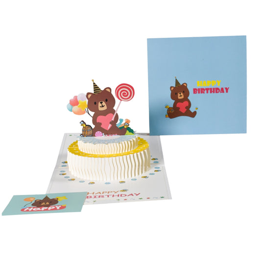 Cake and Bear Holding Heart Design 3D Pop Up Birthday Card