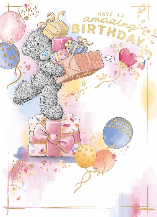 Bear Stood On Present Holding Presents Birthday Card