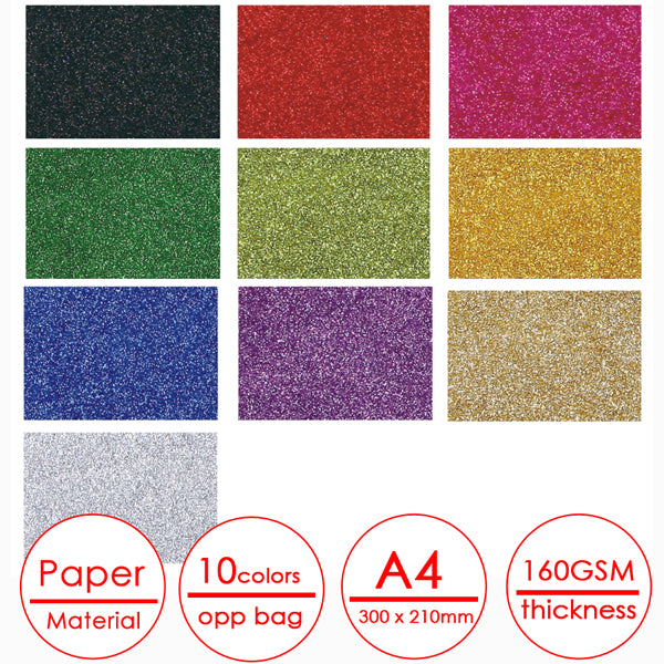 Pack of 10 A4 Assorted Colour Glitter Craft Paper by Janrax