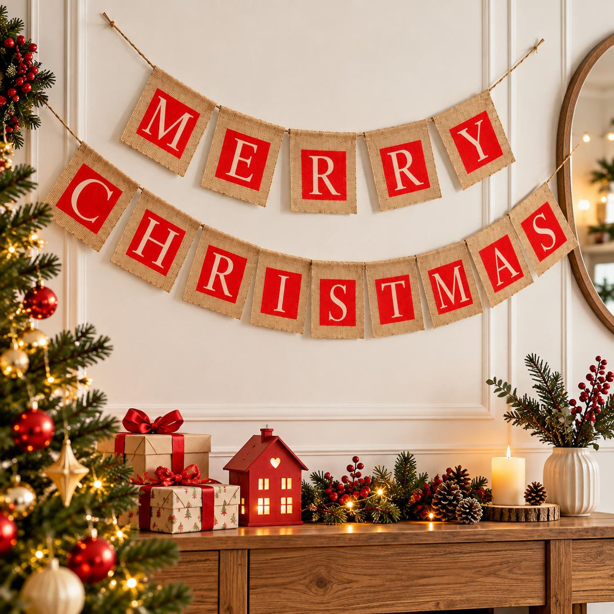 Merry Christmas 2 Strings Hessian Bunting 14 Square Pennants
