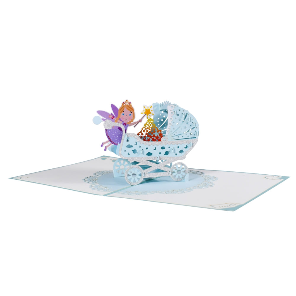 Blue Baby Boy Carriage and Fairy 3D Pop Up Baby Shower Greeting Card