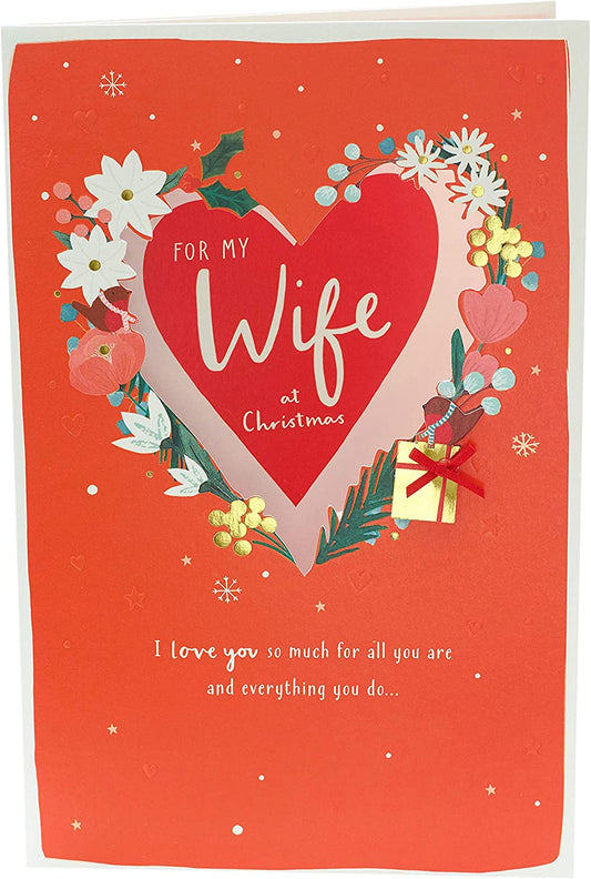 Wife Christmas Card Foliage Love Heart Design 