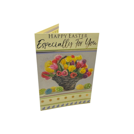 Bucket of Flowers And Eggs Design Open Easter Card
