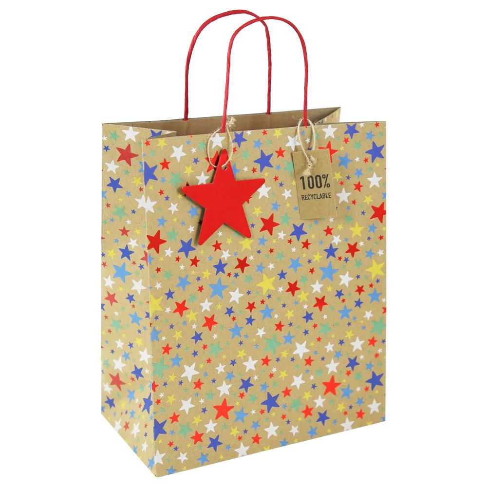 Pack of 6 Kraft Multi Stars Large Christmas Gift Bags