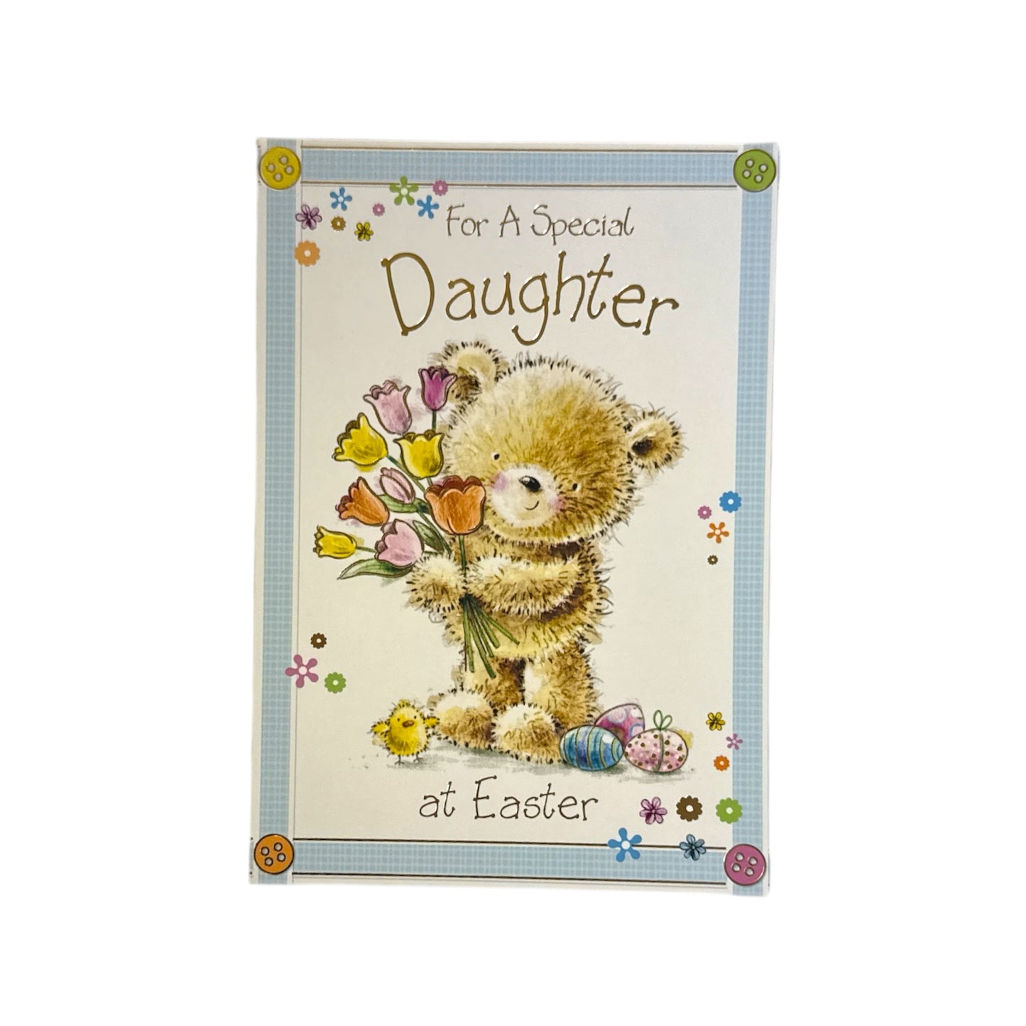 For A Special Daughter Cute Teddy Holding Tulip Flowers Design Easter Card