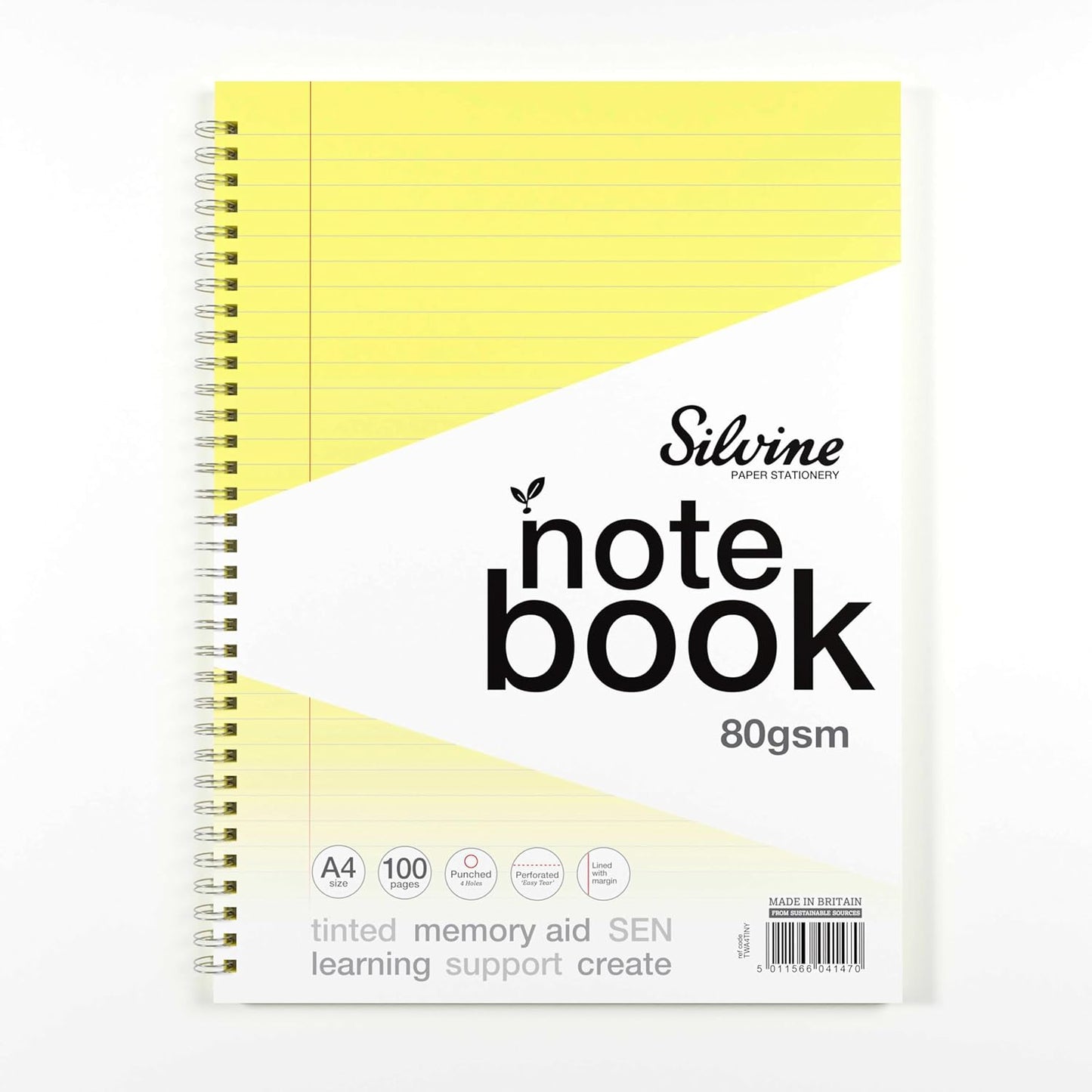 A4+ 100 Pages Twin Wire SEN Yellow Paper Dyslexia Notebook - Lined with Margin