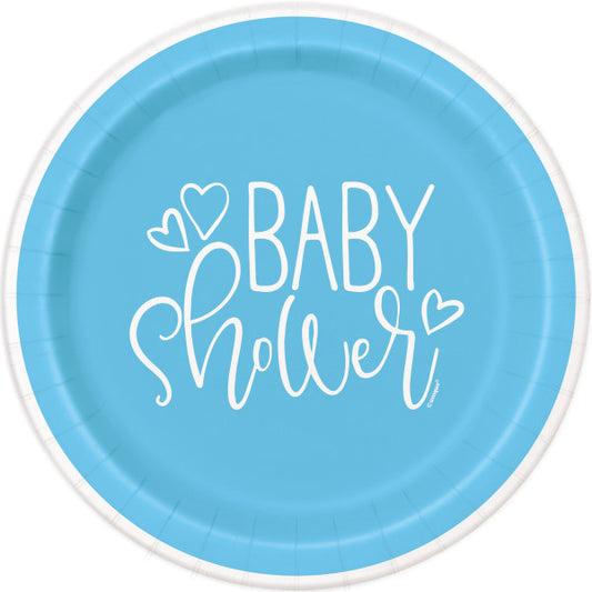 Pack of 8 Blue Hearts Baby Shower Round 7" Dessert Plates
