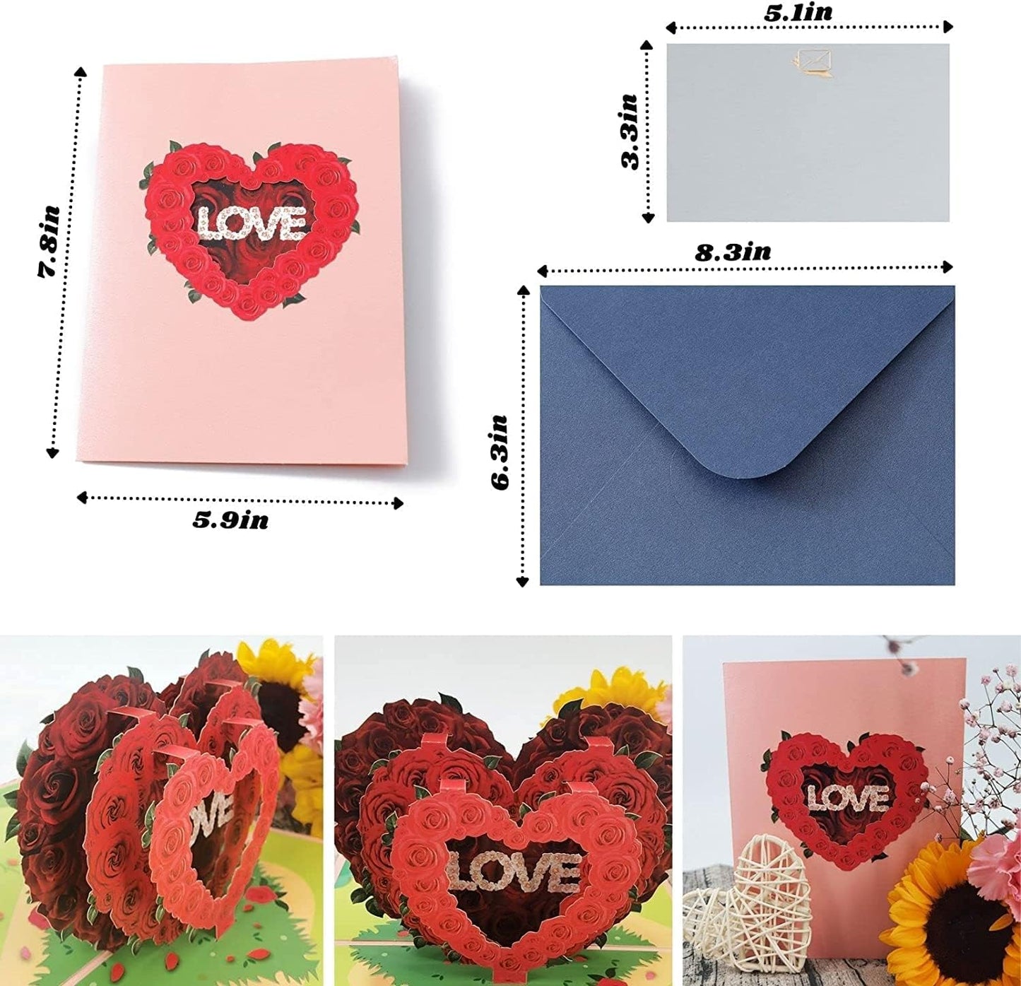 Triple Rose Heart "LOVE" 3D Pop Up Greeting Card - Valentine's Day Wedding Anniversary Birthday