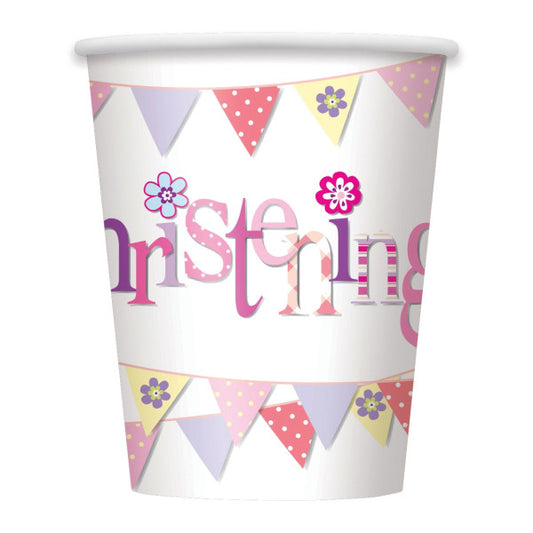 Pack of 8 Pink Bunting Christening 9oz Paper Cups