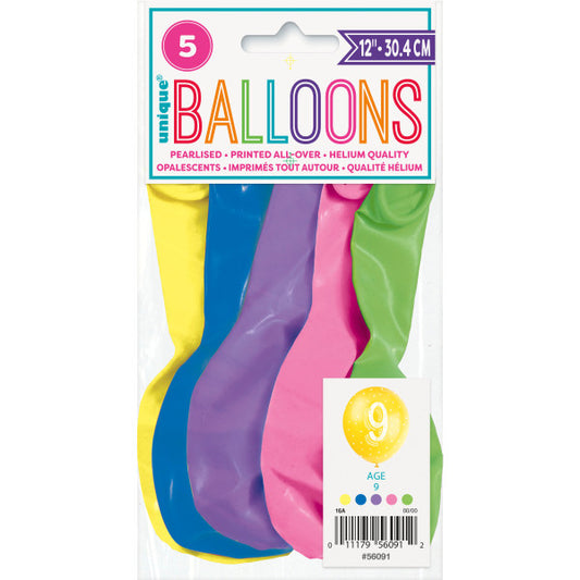 Pack of 5 Number 9 12" Latex Balloons