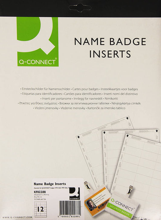 Q-Connect Name Badge Inserts 40x75mm 12 Per Sheet (Pack of 25) KF02288