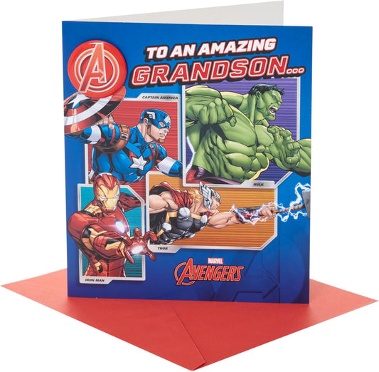 Marvel The Avengers Hero Design Grandson Birthday Card with Badge