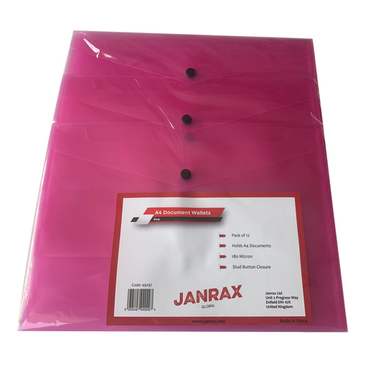 Pack of 12 Janrax A4 Pink Document Wallets - Button Stud Folder