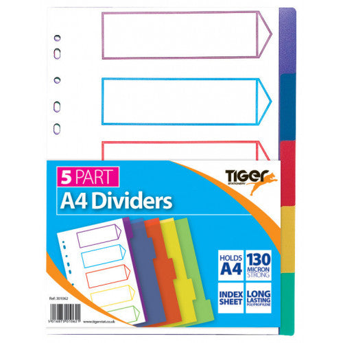 Pack of 10 A4 5 Part Multicoloured Polypropylene Dividers