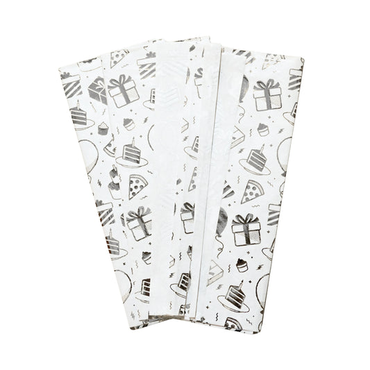 6 x Pack of 10 Birthday Luxury Silver Metallic Plastic-Free 18gsm Tissue Paper Sheets 50x70cm - Patterned Tissue Paper for Xmas, New Year, Party, Wedding, Birthday Packing Present Gift Box DIY Art Crafts