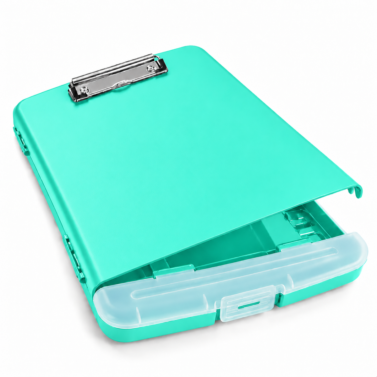 Pack of 6 A4 Cyan Green Plastic Clipboard Box Files With Pencil Holder - Storage Filing Case