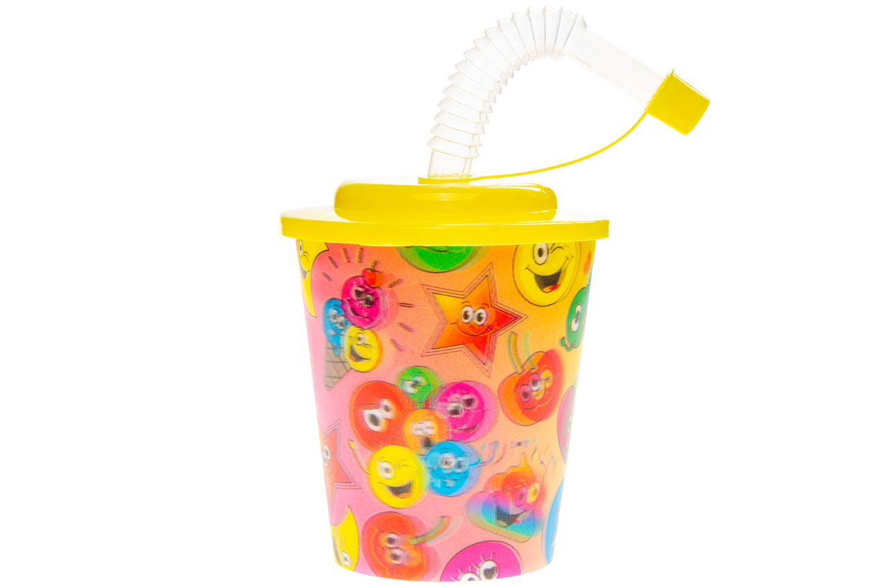 Pack of 12 Emotion Faces 3D Cups With Straw and Lid