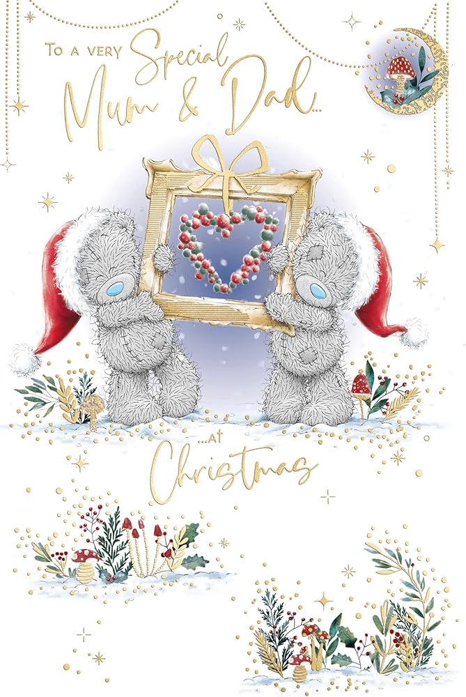 Bears Holding Frame With Heart Mum & Dad Luxury Christmas Card