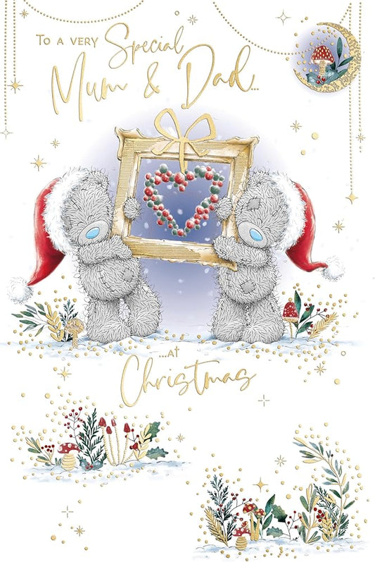 Bears Holding Frame With Heart Mum & Dad Luxury Christmas Card