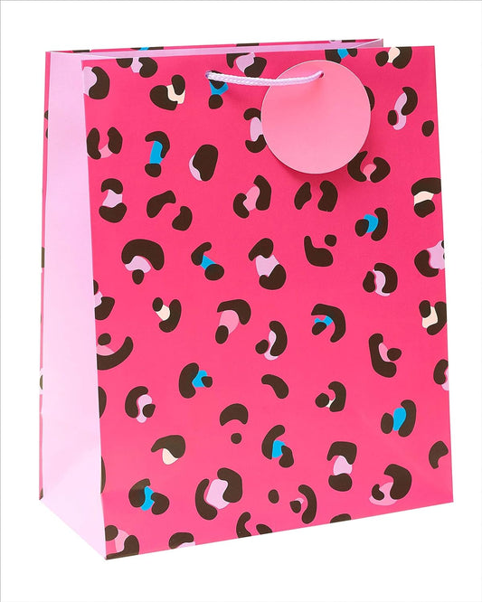 Funky Pink Leopard Print Large Gift Bag With Tag For Her, Birthday, Girl/Female