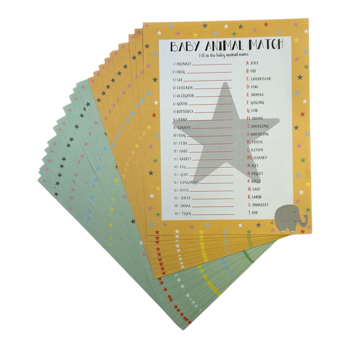 Set of 2 Baby Shower Games - 12 Baby Animals & 12 Baby Names Race Game Sheets