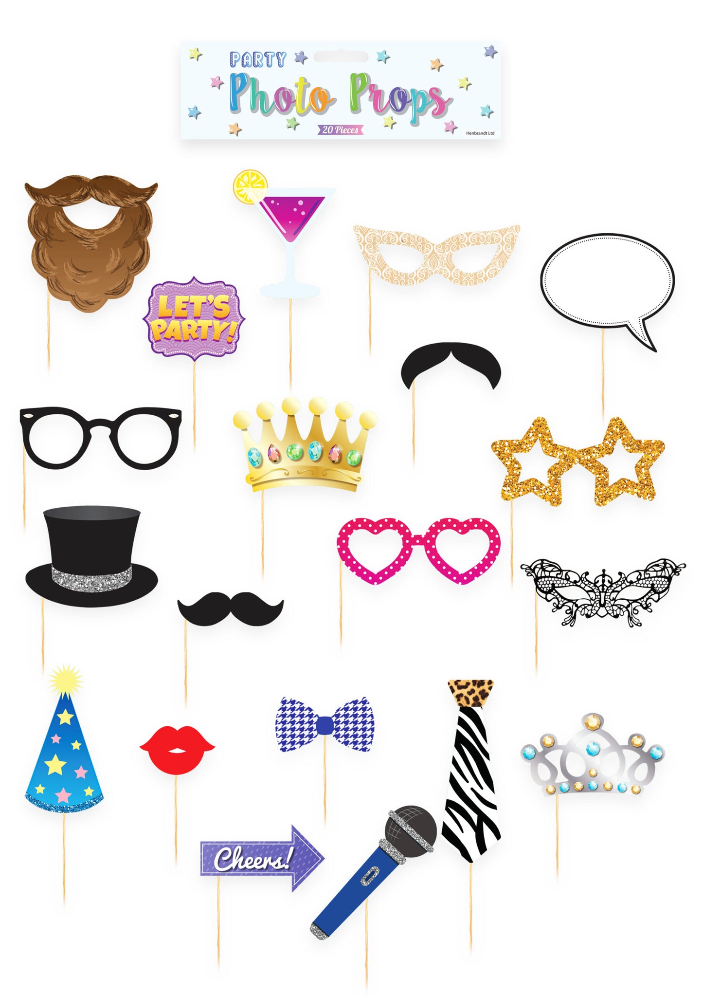 Pack of 20 Assorted Party Photo Booth Props With Sticks