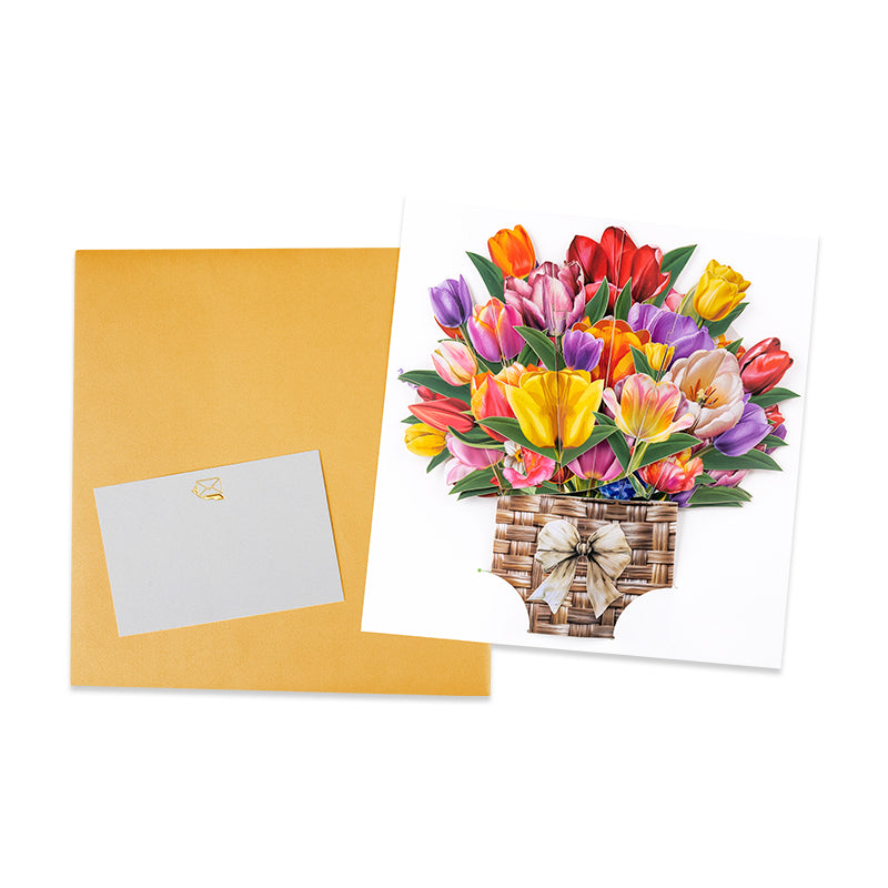 Petals of Joy Tulip Basket 3D Pop Up Greeting Card - Mother's Day Birthday Wedding Anniversary 