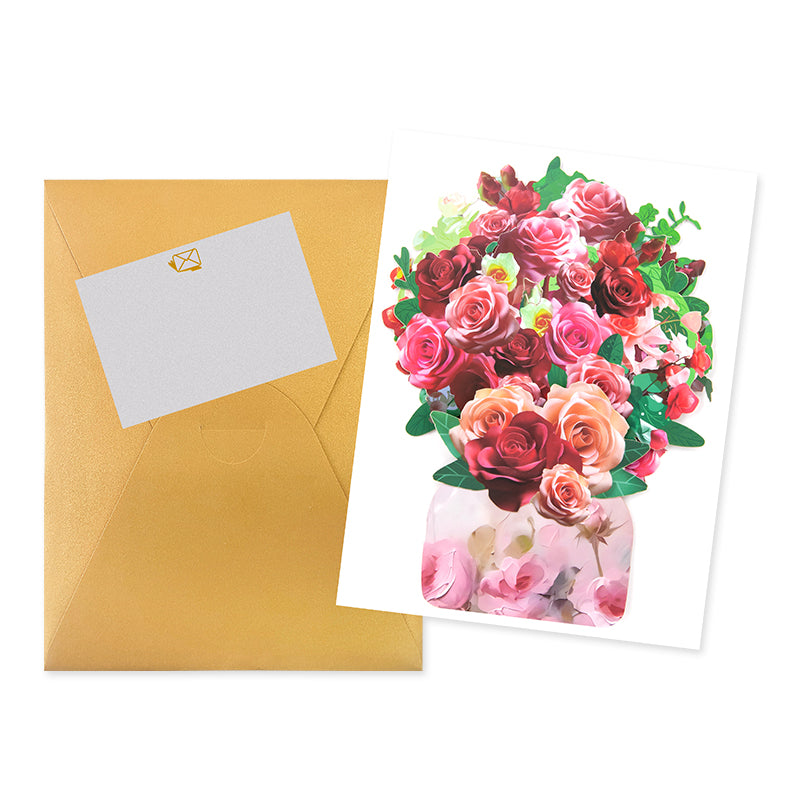 Blushing Blooms Rose Bouquet 3D Pop Up Vase Greeting Card - Birthday Anniversary Mother's Valentine's Day