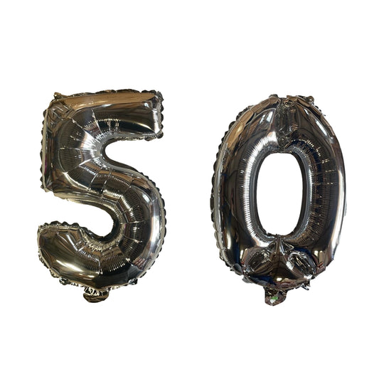Silver Number 50 Foil Balloons With Ribbon and Straw for Inflating