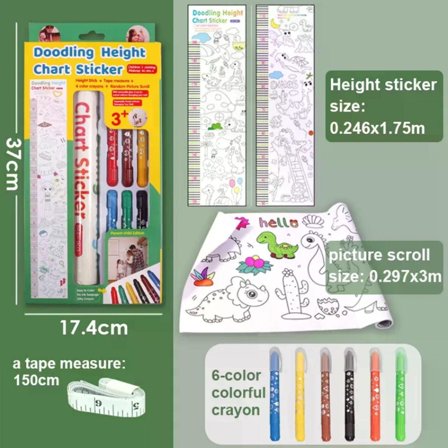 Doodling Height Chart Sticker And Picture Scroll with Removable Glue