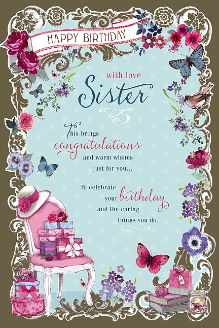 Floral Border With Love Sister Birthday Card