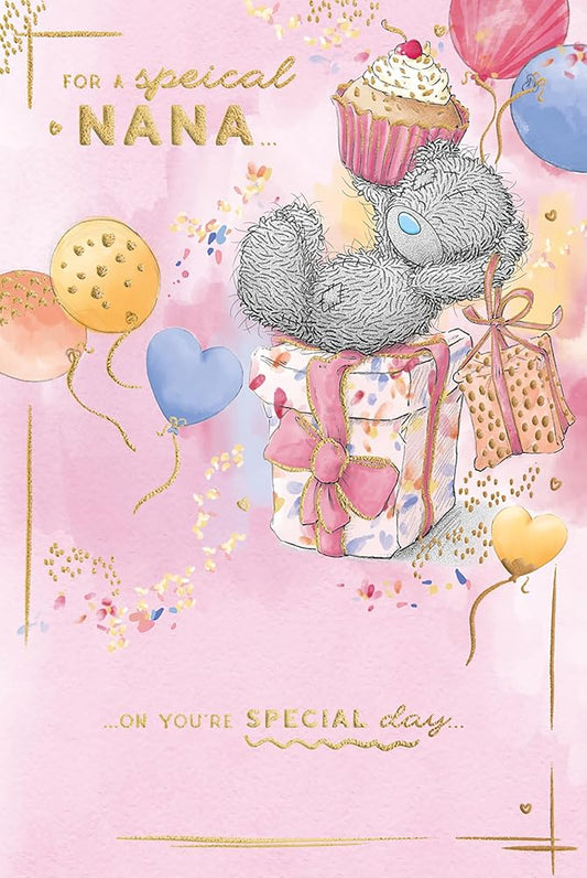 Bear On Gift With Cake Special Nana Birthday Card