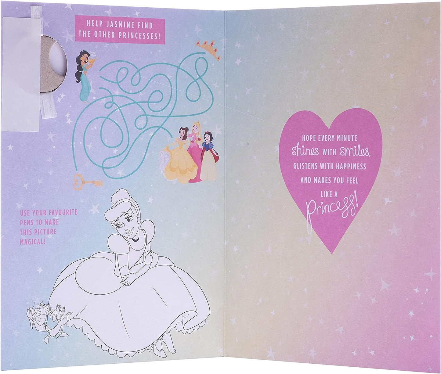 4th Birthday Card with Badge and Activity Inside Disney Princess Design 