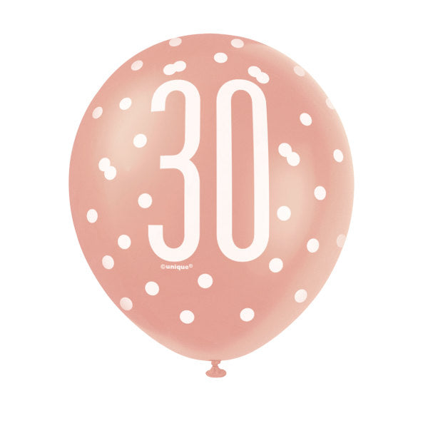 Pack of 6 12" Birthday Rose Gold Glitz Number 30 Latex Balloons
