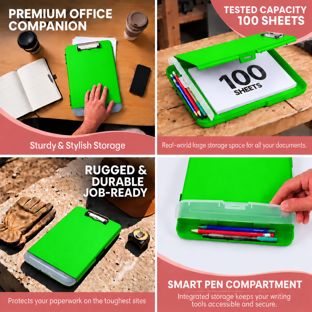 Pack of 6 A4 Green Plastic Clipboard Box Files With Pencil Holder - Storage Filing Case
