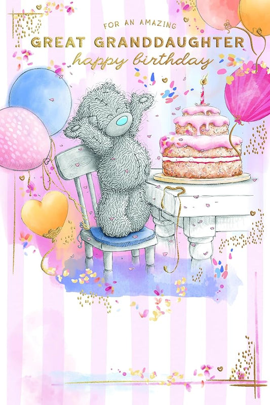 Bear Stood On Chair By Cake Celebration Great Granddaughter Birthday Card
