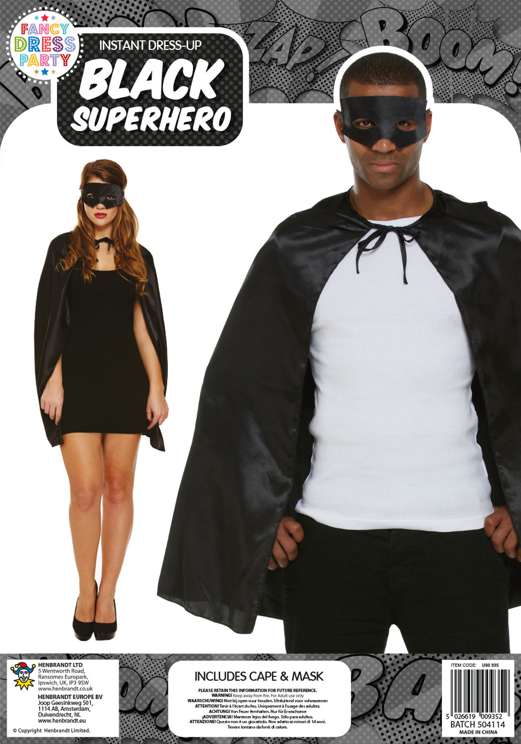 Adult Superhero Black Cape and Mask Fancy Dress Costume