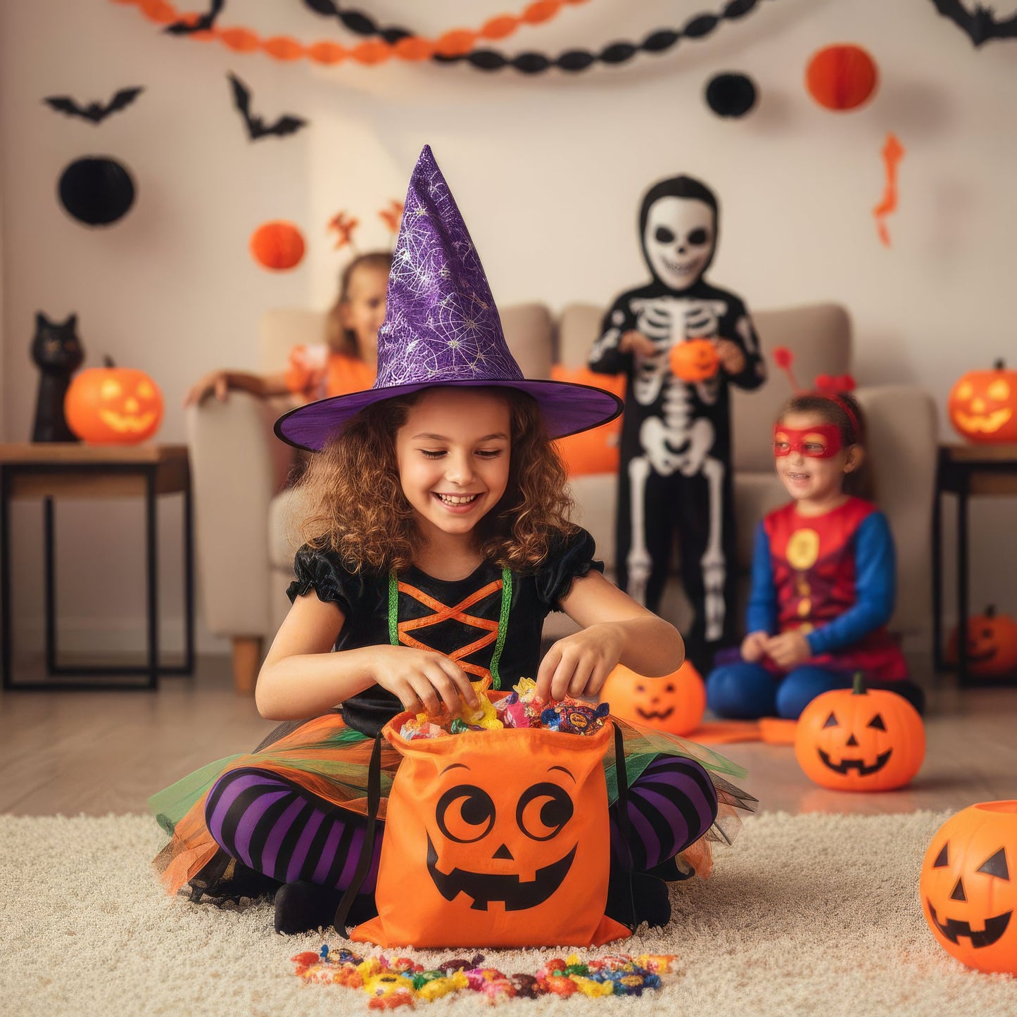 Single Orange Pumpkin Halloween Bag with Drawstring