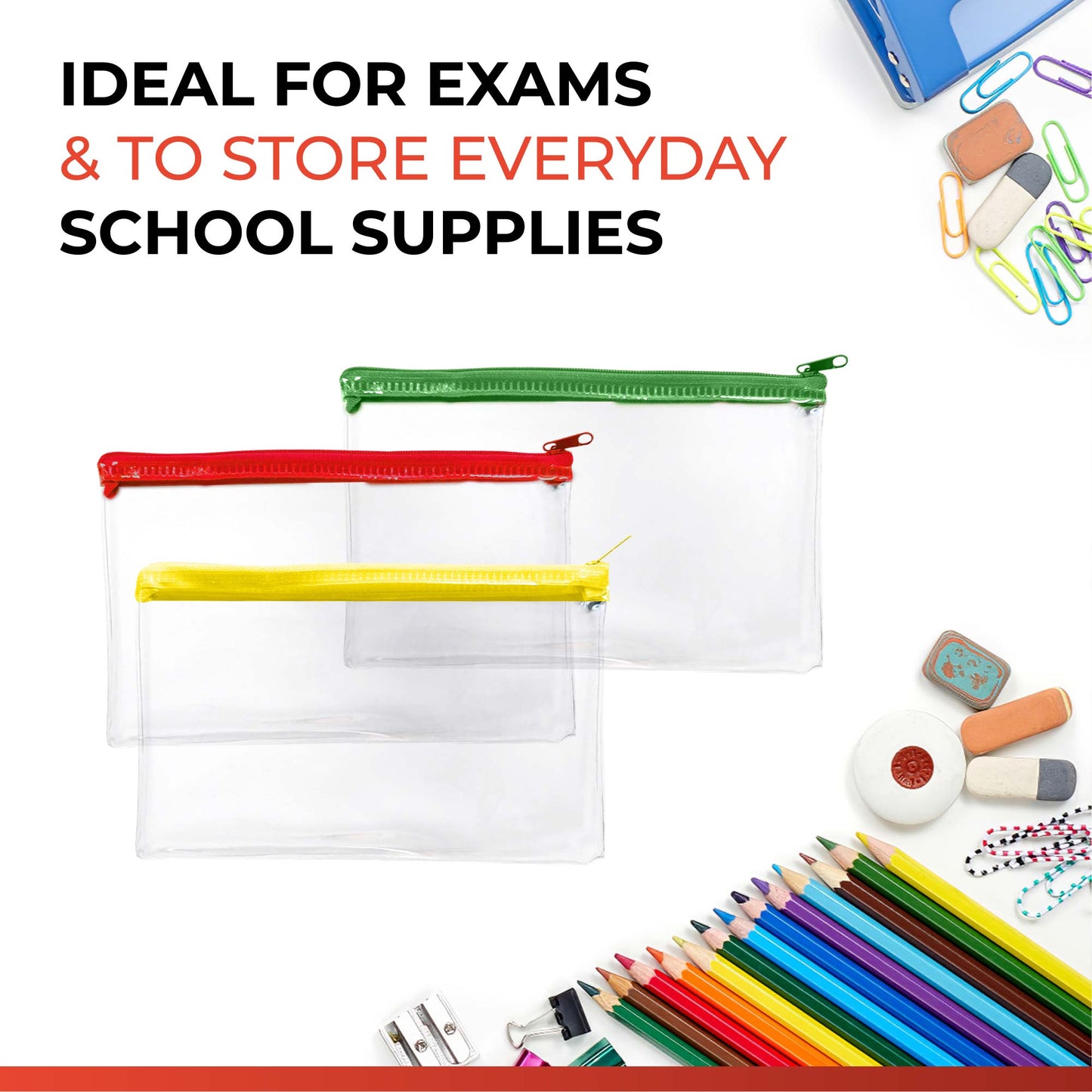 Pack of 36 Janrax 8x5" Assorted Colour Zip Clear Exam Pencil Cases