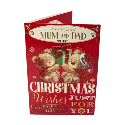 For a Special Mum and Dad Festive Teddy Bears Design Christmas Card