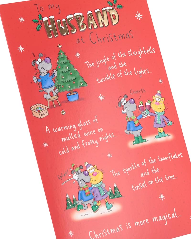 Giggles Cartoon Dog and Cat Design Husband Christmas Card